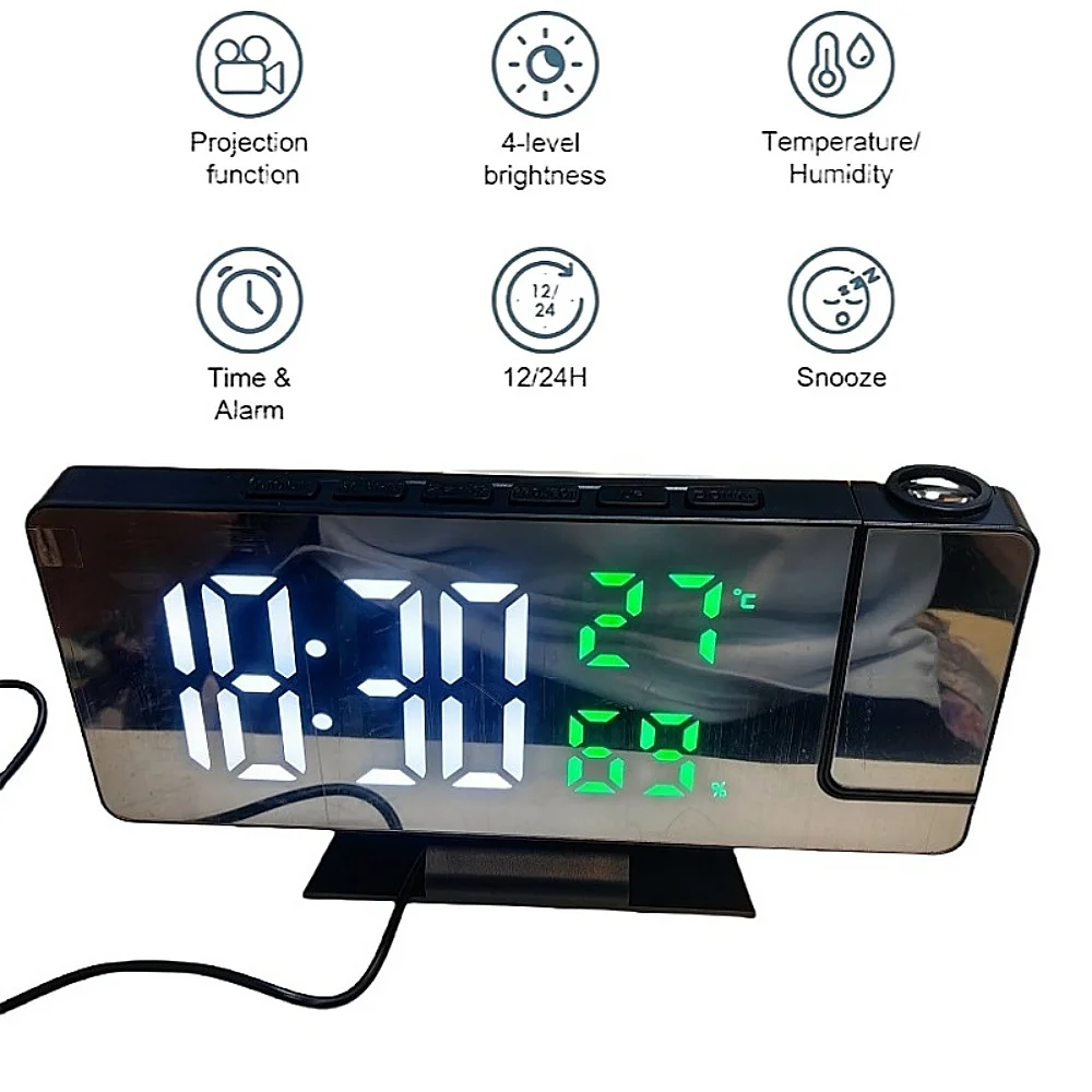 180° Arm Projection Digital Alarm Clock Temperature Humidity Night Mode Snooze 12/24H USB Powered Projector Table LED Clock