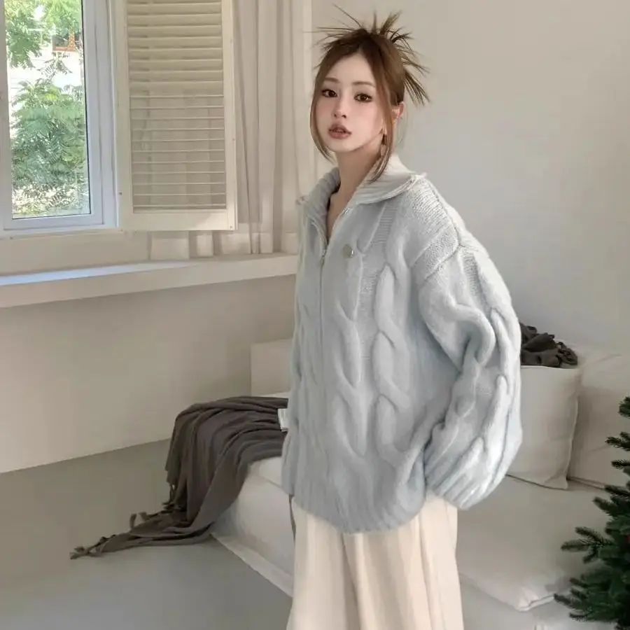 Korea Women Cardigan French Simple Style Lapel Sweater Long-sleeved College Style Sweet Twist Dot Bottoming Casual Cardigan