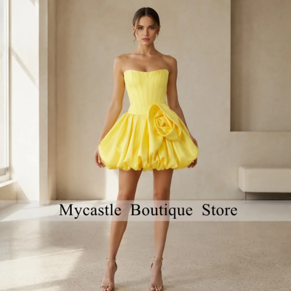 

Yellow Strapless Corset Customized Satin Bubble Hem Mini Cocktail Party Dresses with 3D Rose Formal Homecoming Gowns 2026