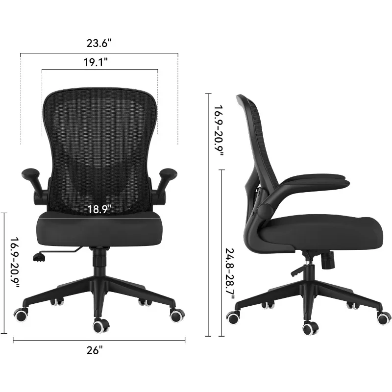 Office Chairs with PU Silent Wheels, Breathable Mesh Computer Chair with Adjustable Lumbar Support, Flip-up Armrests