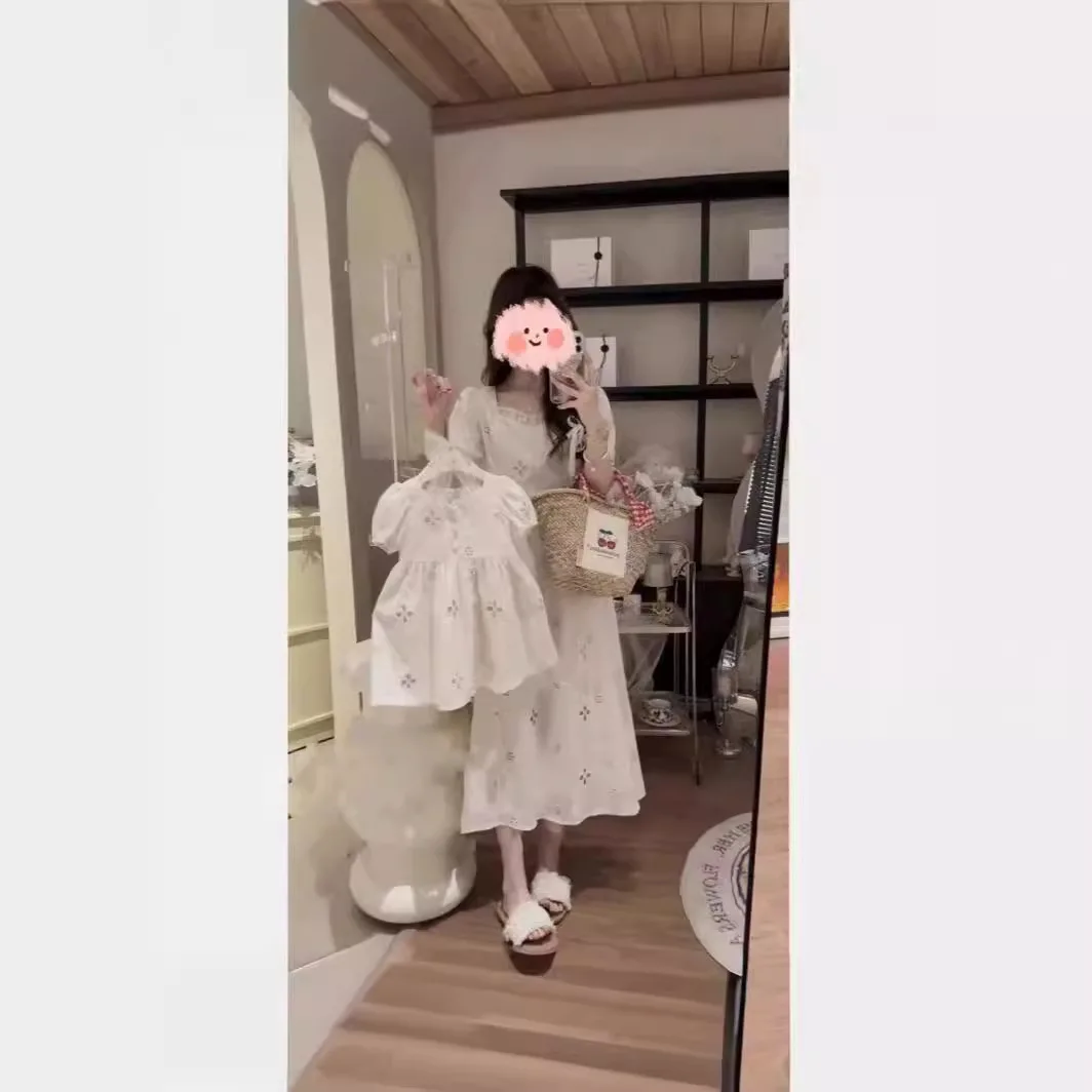 Vestido de renda bordado estilo coreano infantil, mãe e filha, roupa de pai e filho, moda feminina, novo, verão, 2024