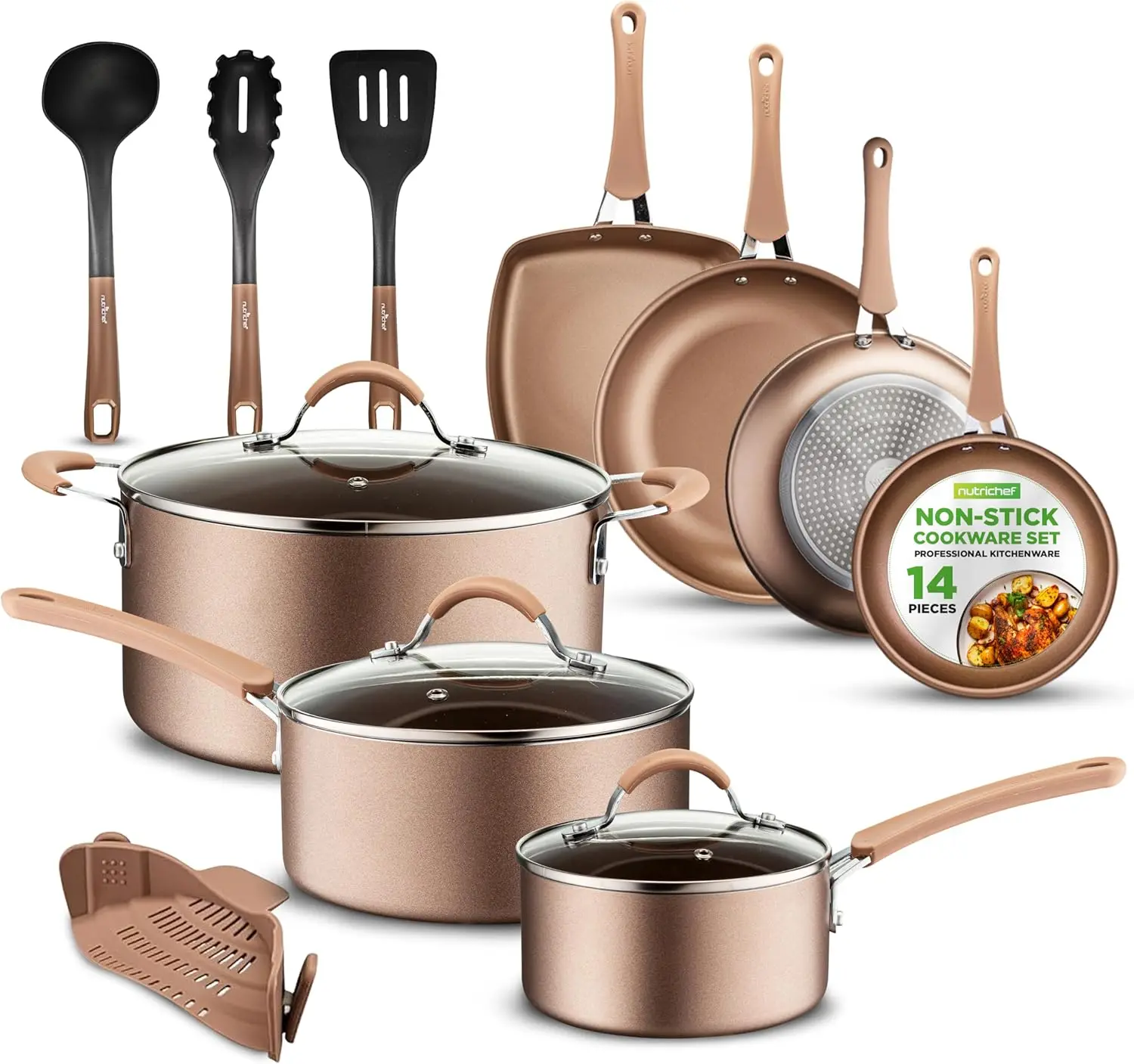 

14-Piece Nonstick Cookware PFOA/PFOS-Free Heat Resistant Lacquer Kitchen Ware Set w/Saucepan,Frying Pans,Cooking,Dutch Oven Pot