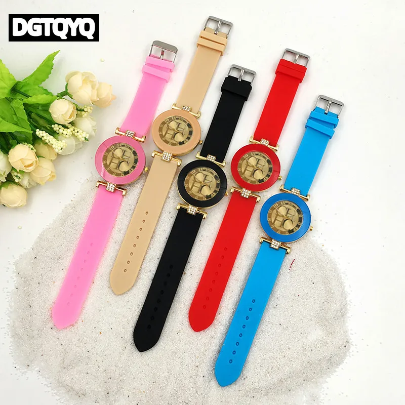 DGTQYQ Jam Tangan Wanita Bermerek Mewah Jam Tangan Kuarsa Kasual Tali Gel Silika Casing Baja Tahan Karat Desain Berlian Minimalis untuk Wanita