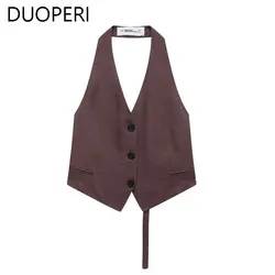 DUOPERI  Women Fashion Linen Blended Backless Halter Neck Vest Female Chic Lady Casual Suit Waistcoat