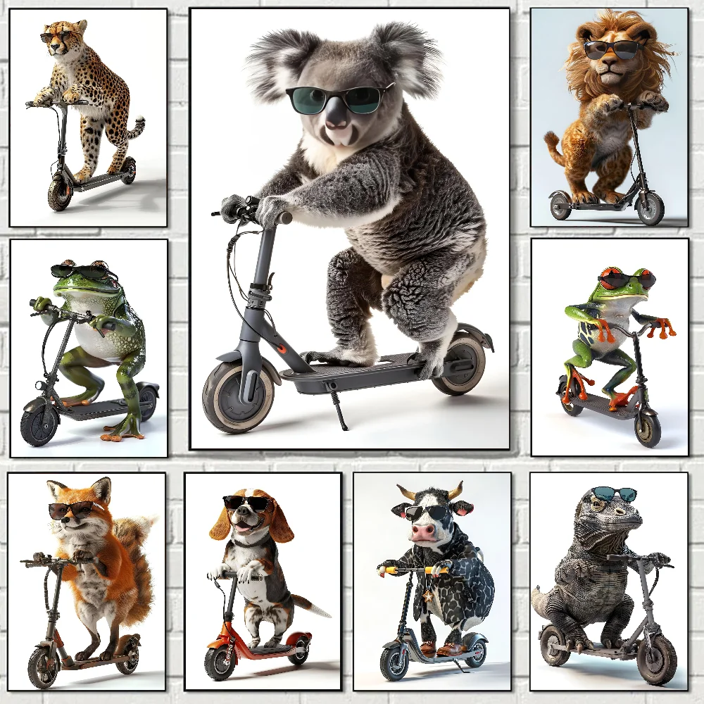 

Interesting Animals Ride Scooters Bear Poster Stickers Art Wall Murals Decor Game Room Decor Gifts HD Painting