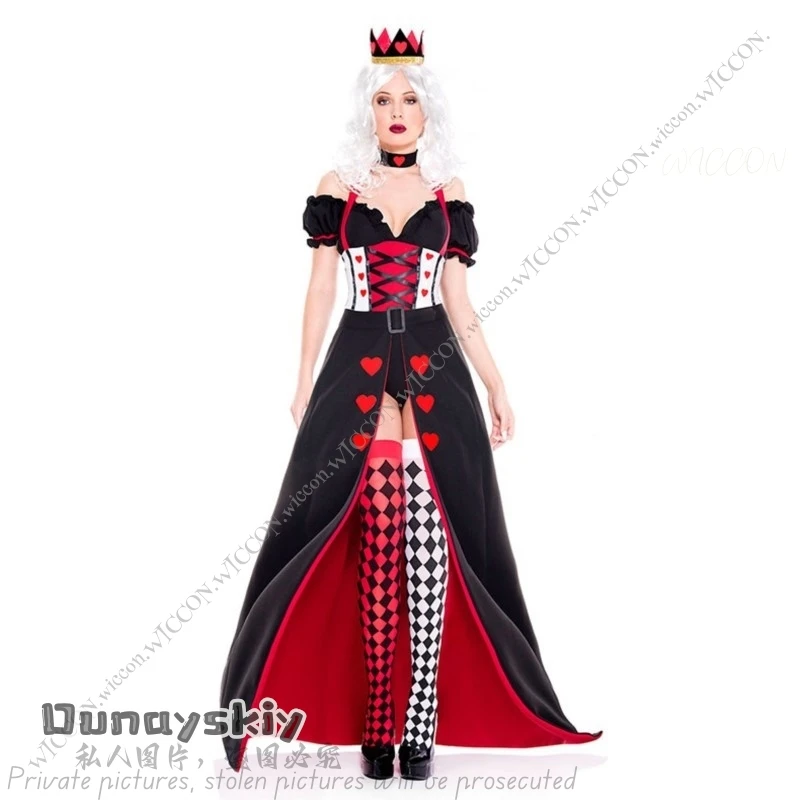 Adult Kid Queen of Hearts Wonderland Costume Cosplay Halloween Party Masquerade Costumes Sexy Headdress+Neck+Top+Tie Skirt+Socks