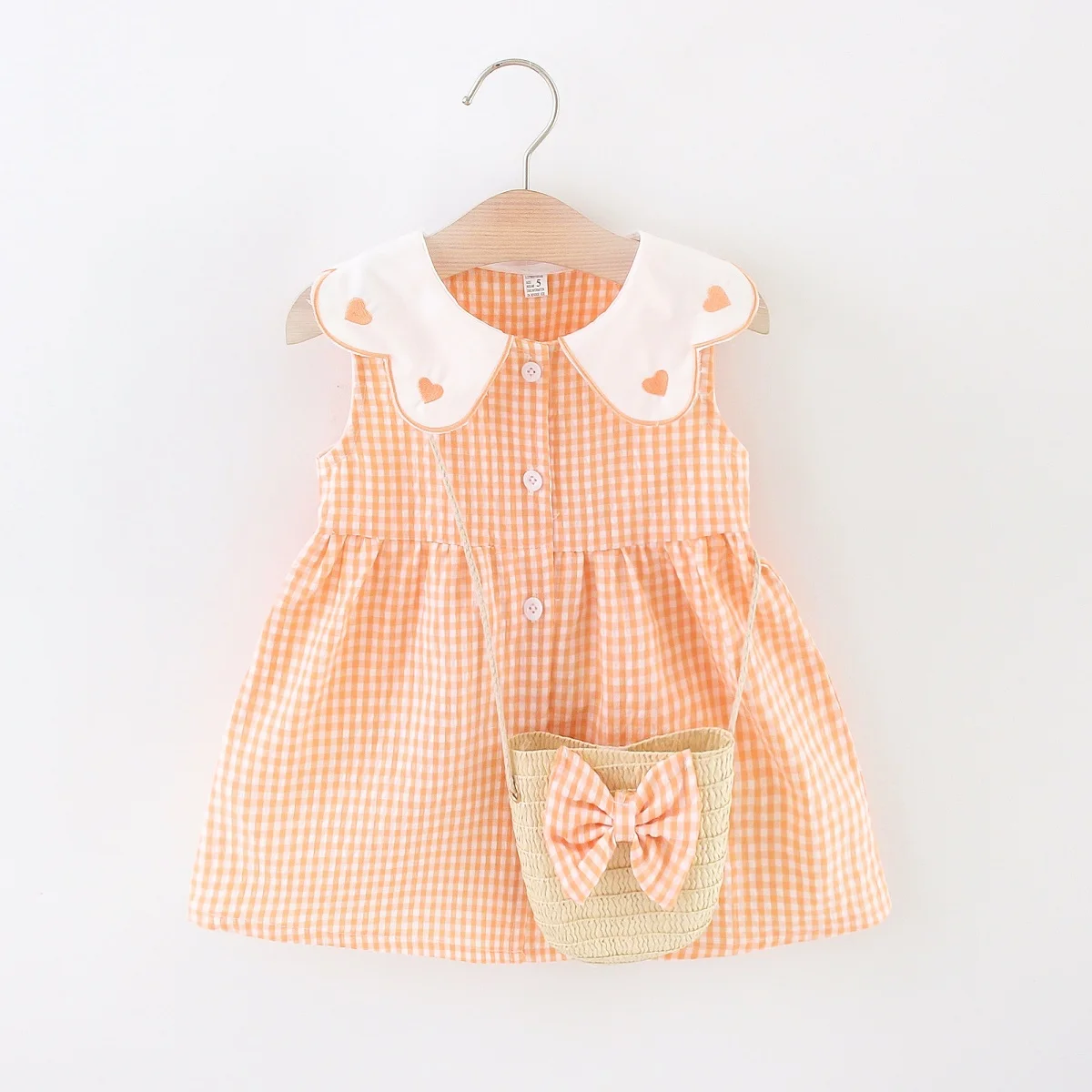 2 Pcs Summer New Dress Girl\'s Sleeveless Lace Heart Collar Sweet and Beautiful Plaid Button Cotton Cloth Dress