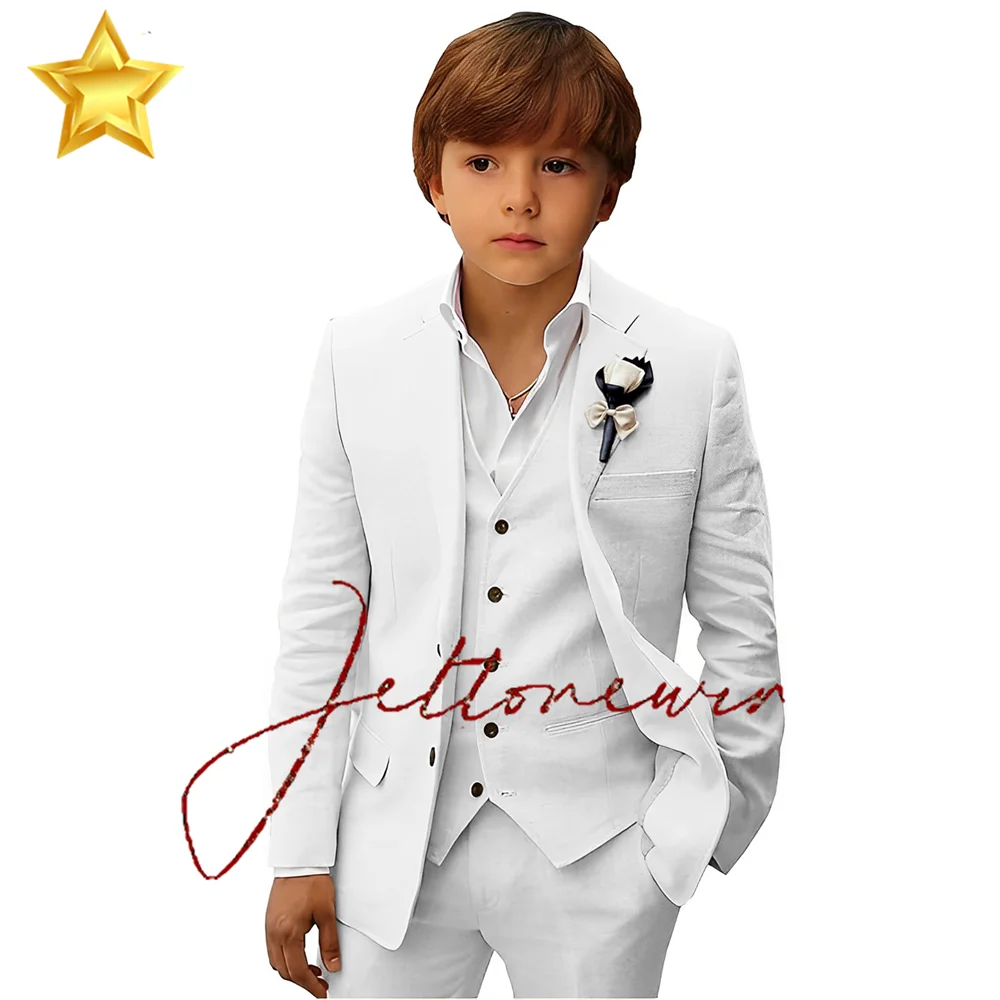 

Linen Boys Suit 3 Piece White Jacket Pants Vest Wedding Tuxedo Breathable Clothes 2-16 Years Old Blazer Kids