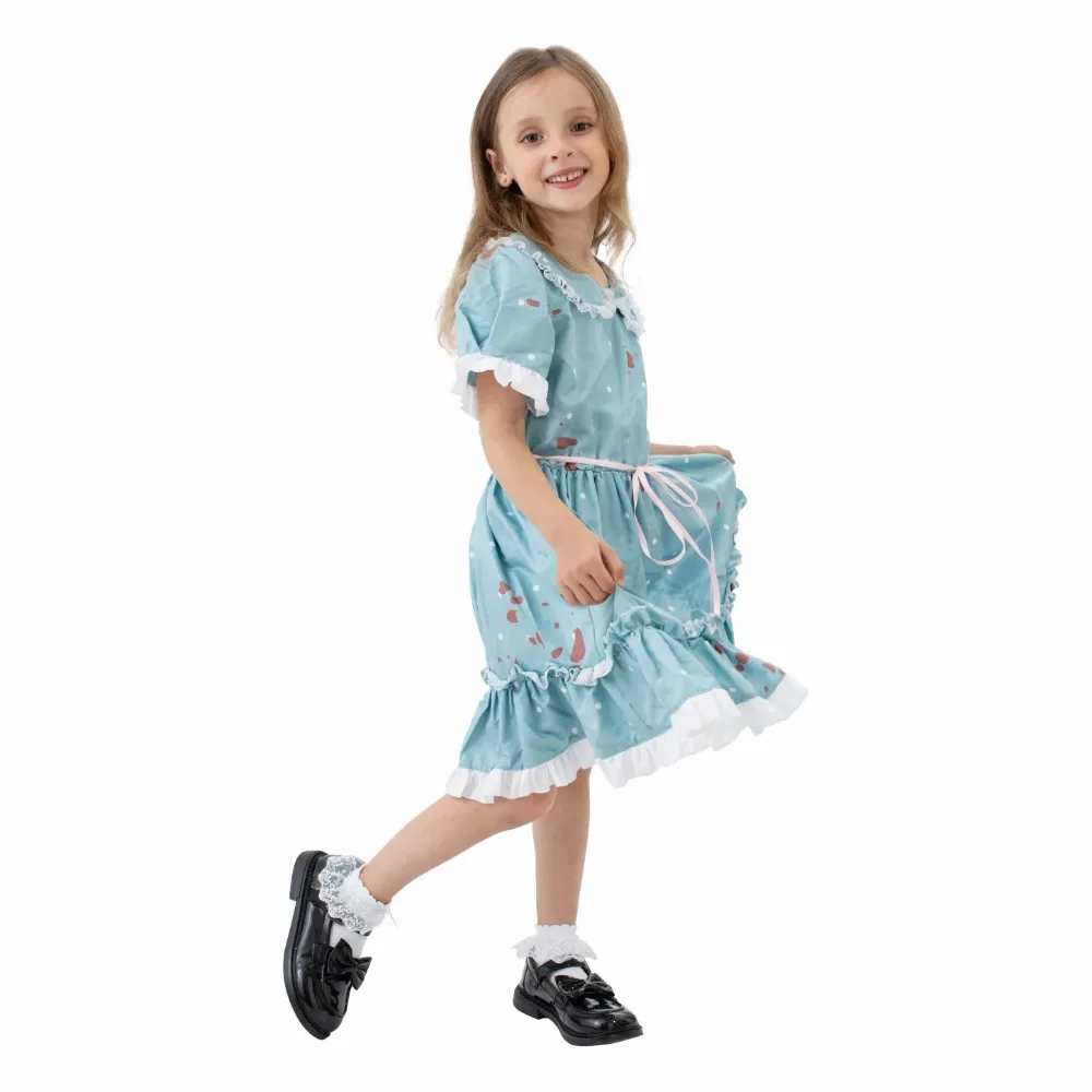 Costume de cosplay de film d'horreur pour filles jumelles, ensemble complet, robe uniforme pour enfant, tenue d'Halloween, performance de fête de carnaval, jeu de rôle imbibé