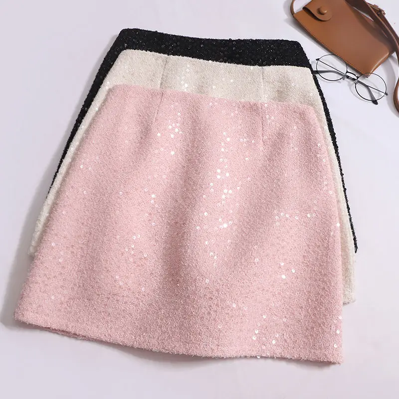 Short Pink Sequin Skirts Sweet Slim Sexy Faldas Mujer Moda 2024 Jupe Korean Black Office Lady Clothes Ropa