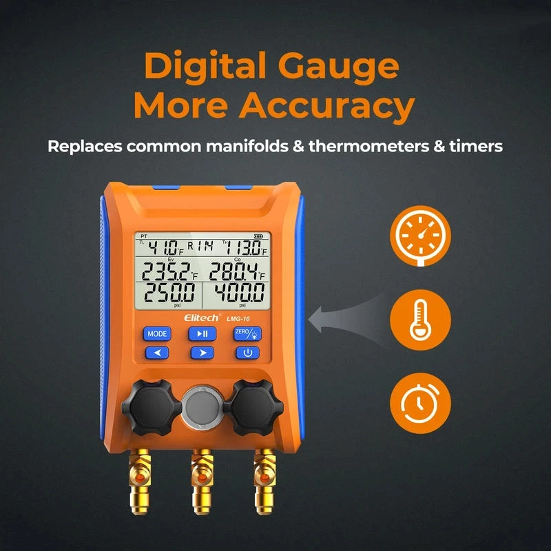 

LMG-10 Digital Manifold Gauge HVAC Pressure Gauge AC Tools 2-Way Valve with Temperature Clamps