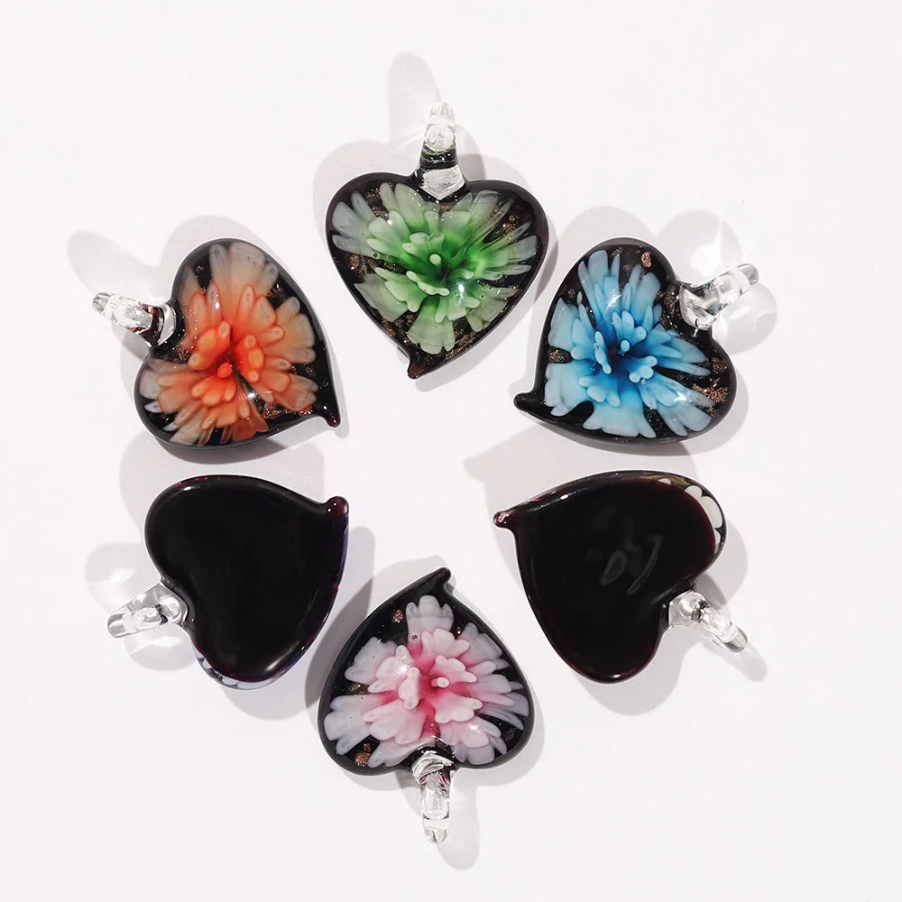 Qianbei Wholesale 6pcs Handmade Murano Lampwork Glass Mix Color Flower Heart Pendant For Necklace Hot Jewelry