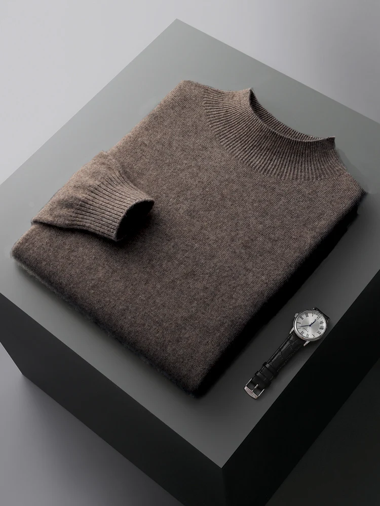 ฤดูใบไม้ร่วงฤดูหนาวผู้ชายเสื้อกันหนาว CASHMERE Mock คอ Pullover Basic ขนสัตว์ด้านล่างเสื้อผ้า 100% Merino ขนสัตว์เสื้อถัก WARM COZY เสื้อผ้า TOP