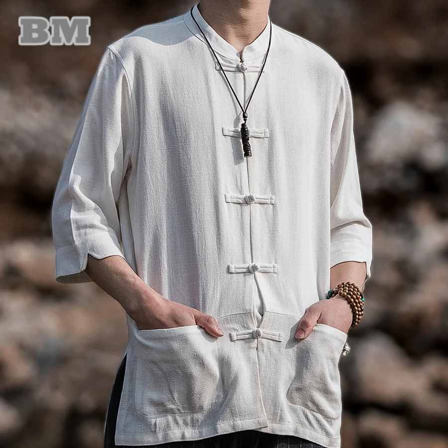 

Chinese Traditional Dress Summer Cotton Linen Shirt Men Clothing Vintage Plus Size Tai Chi Kung Fu Casual Quarter Sleeve Hanfu