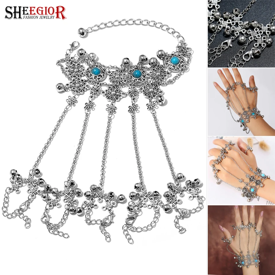 Vintage Small bells Finger Bracelet Ornament Blue bead Hand Chain Link Rings Bracelets Fashion Dance Decoration Accessories Gift