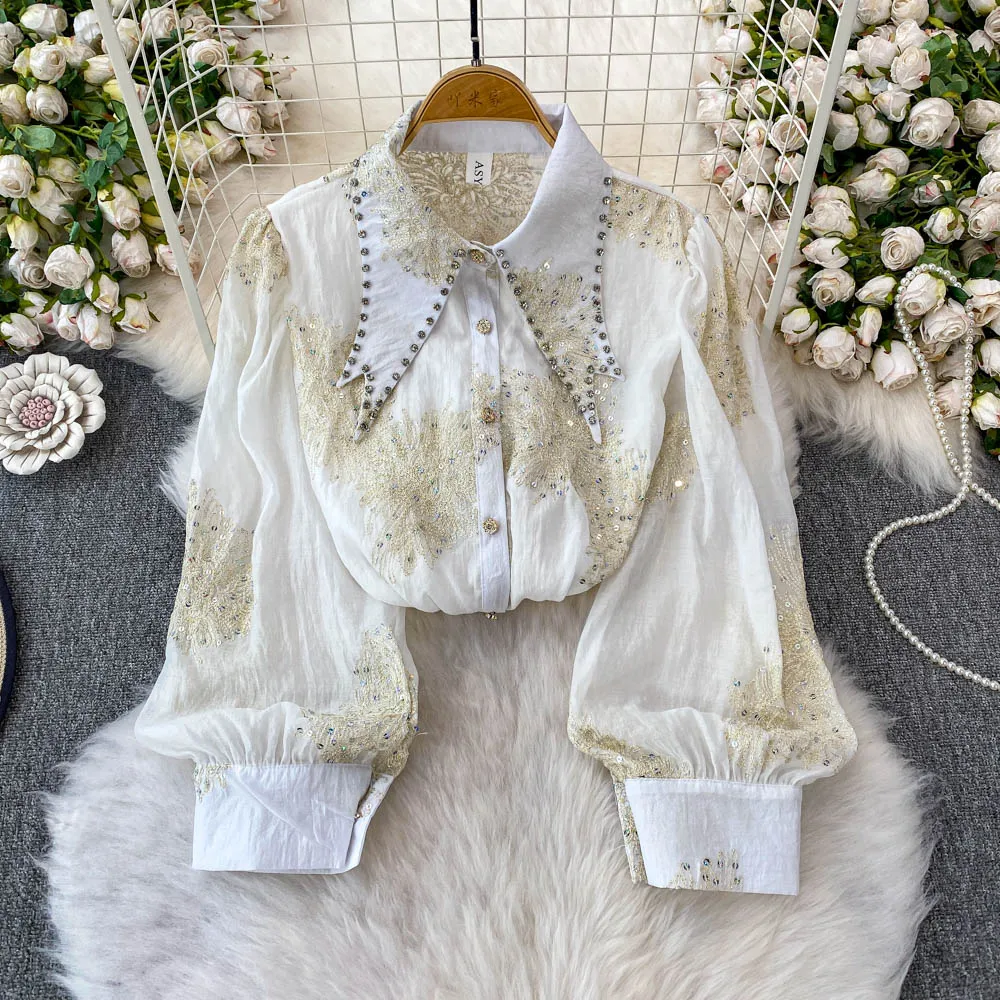 

Women Luxury Diamond Trendy Top Shirt Summer Sunproof Blouse Female Applique Korea Fashion Loose Palace Court Princess Shirts