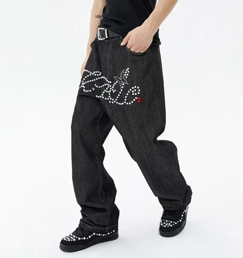 High Street Y2k Pants Men Wide Leg Shining Stone Baggy Pants Hip Pop Harem Balck Jeans for Men Ropa Hombre