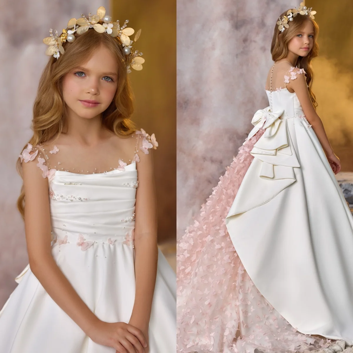 

Elegant White Flower Girl Dresses For Wedding Customized Pink Floral Litter Girls Birthday Gowns Baby First Communion Dresses