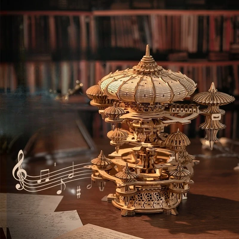 3D Wooden Floating City Music Box DIY Assembly Puzzle Rotatable Mechanical Ornament Desktop Decor Romantic Gift for Couple Lover