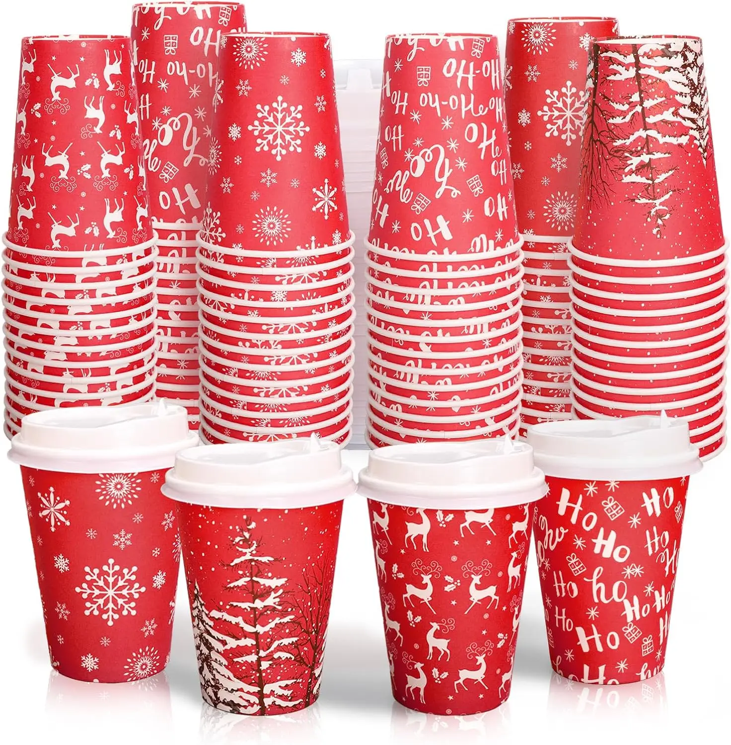 

60 Sets Christmas Paper Cup with Lid 12oz Red Disposable Coffee Cup Elk Snowflake Forest To Go Tea Cup for Xmas Winter P