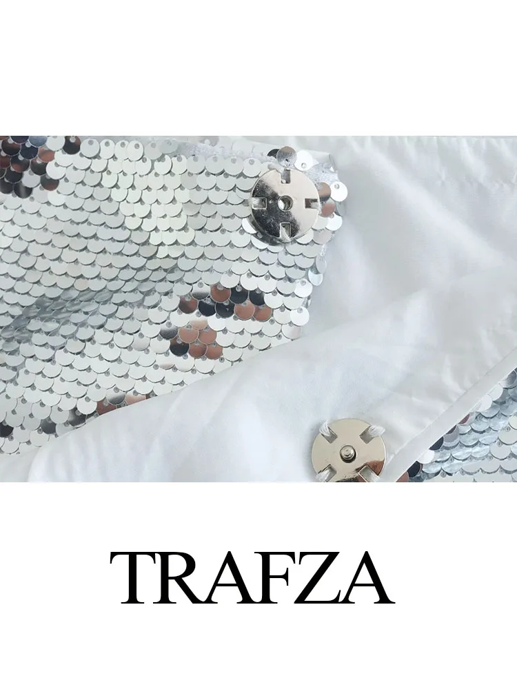 TRAFZA-minifaldas elegantes para mujer, faldas cortas plateadas de cintura alta con decoración de lentejuelas y hebilla oculta, moda de verano