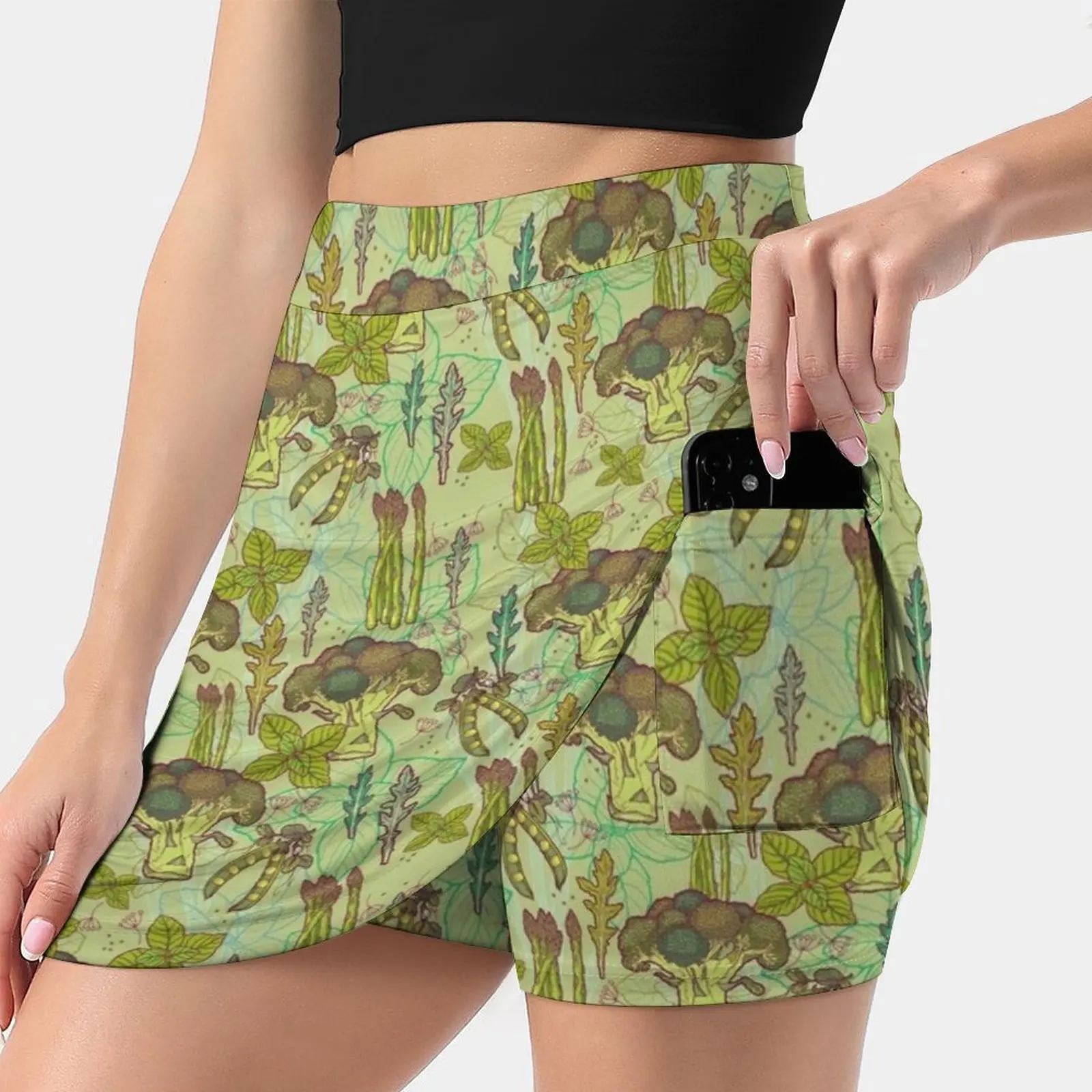 Green Vegetables Pattern. Women's skirt Mini Skirts A Line Skirt With Hide Pocket Green Garden Market Kitchen Food Veggies