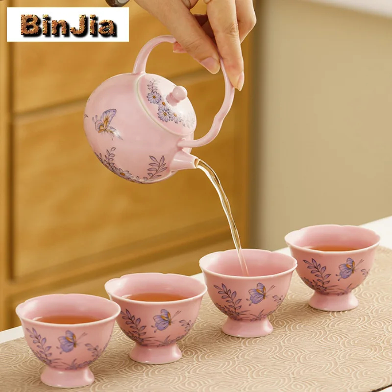 طقم شاي على شكل فراشة مرسومة يدويًا، مجموعة كاملة من حفل الشاي Gaiwan الرجعية، إبريق الشاي المنزلي وأكواب الشاي، مجموعة أدوات المائدة