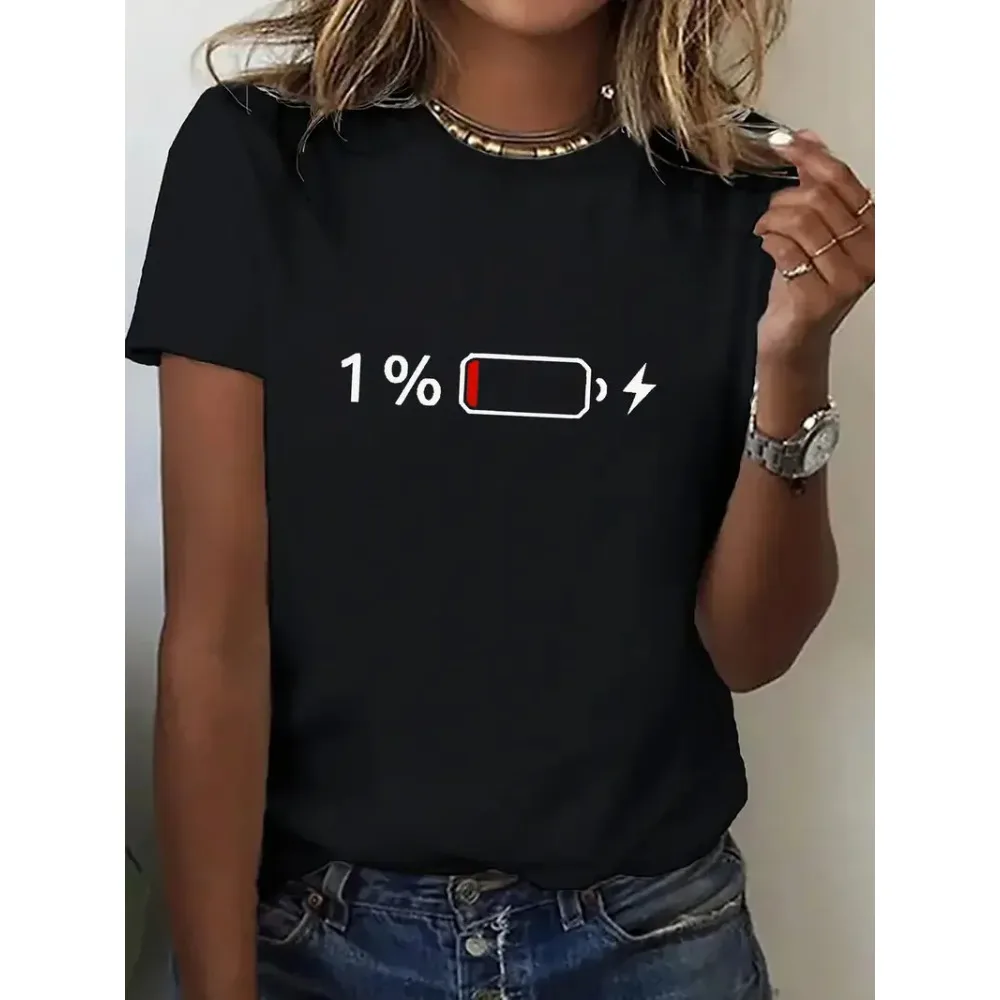 Shirt 1% Battery Print Women Graphic Casual T-Shirt Round Neck Short Sleeve Classic Design Humorous Design for Casual Attire