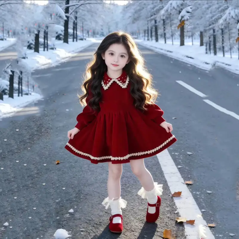 

Костюм для девочек, праздничные платья для девочек, красное плотное теплое платье с рисунком каваи, осенне-зимний милый праздничный наряд для девочек