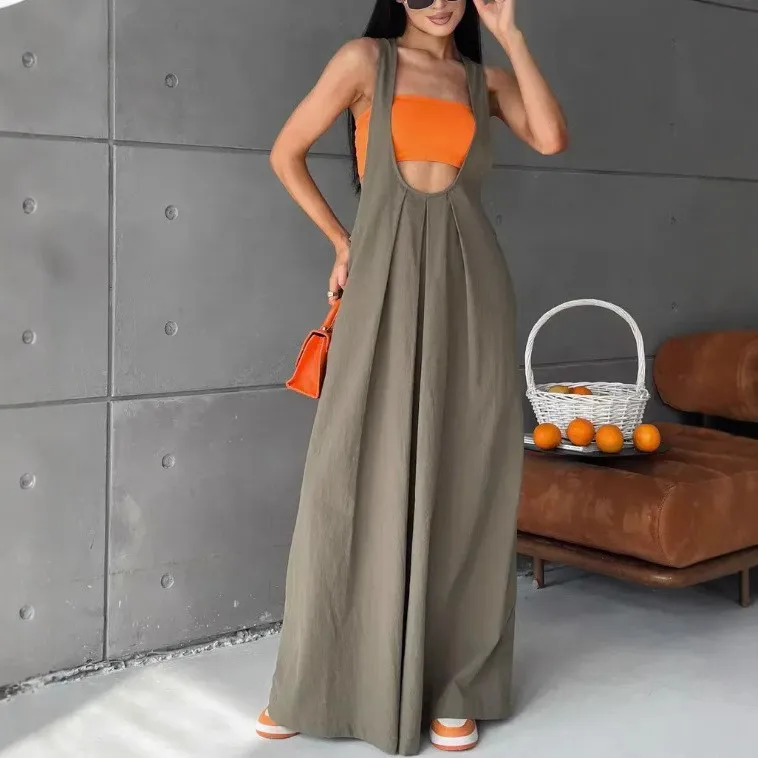 Loose Fit Pull on Dress Princess Cut Street Style with Elastic Waist Summer Dress Women Jumpsuit Princess Silhouette Maxi Length