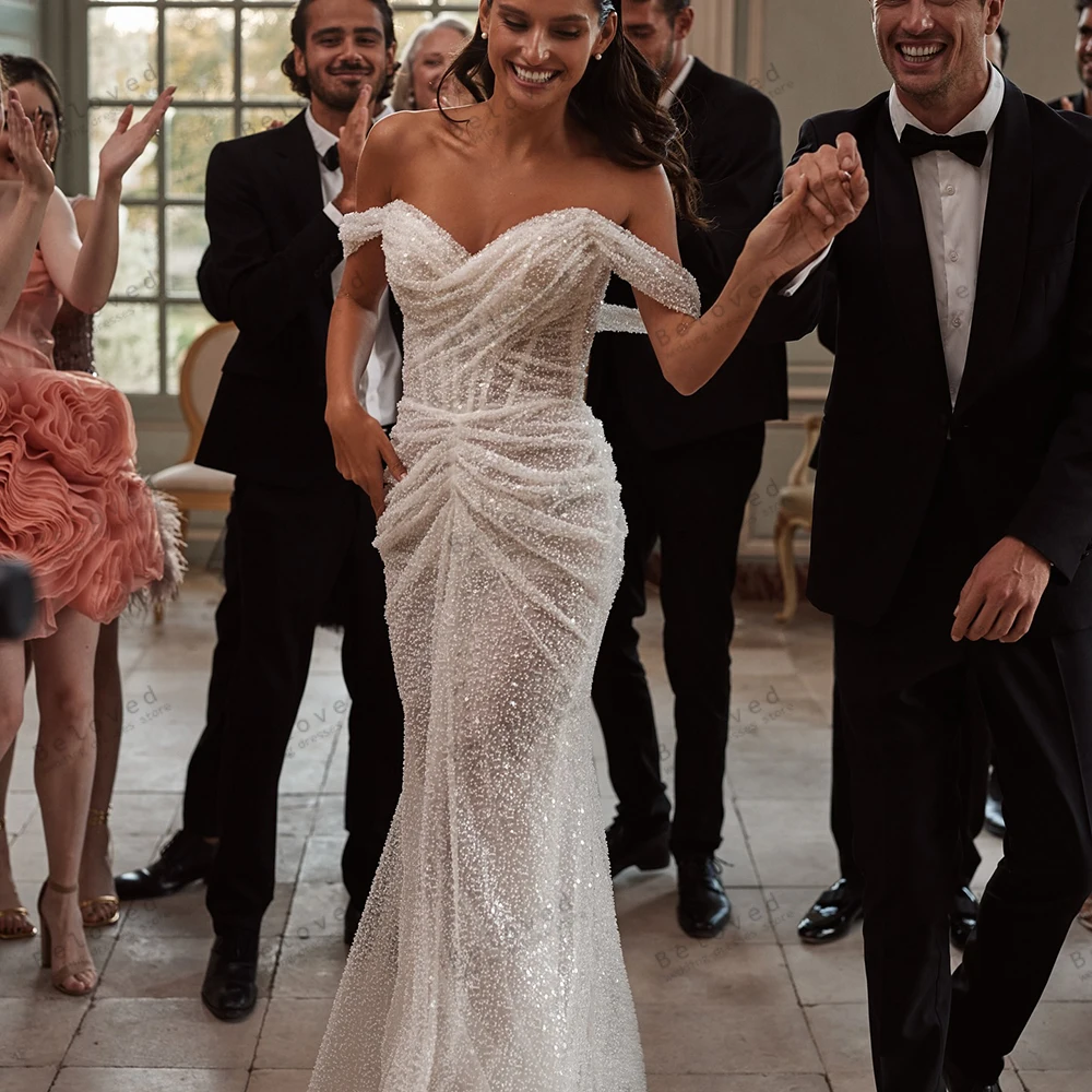 

Glitter Wedding Dresses Charming Bridal Gowns Beading Appliques Off The Shoulder Robes Sweetheart Vestidos De Novia Customized