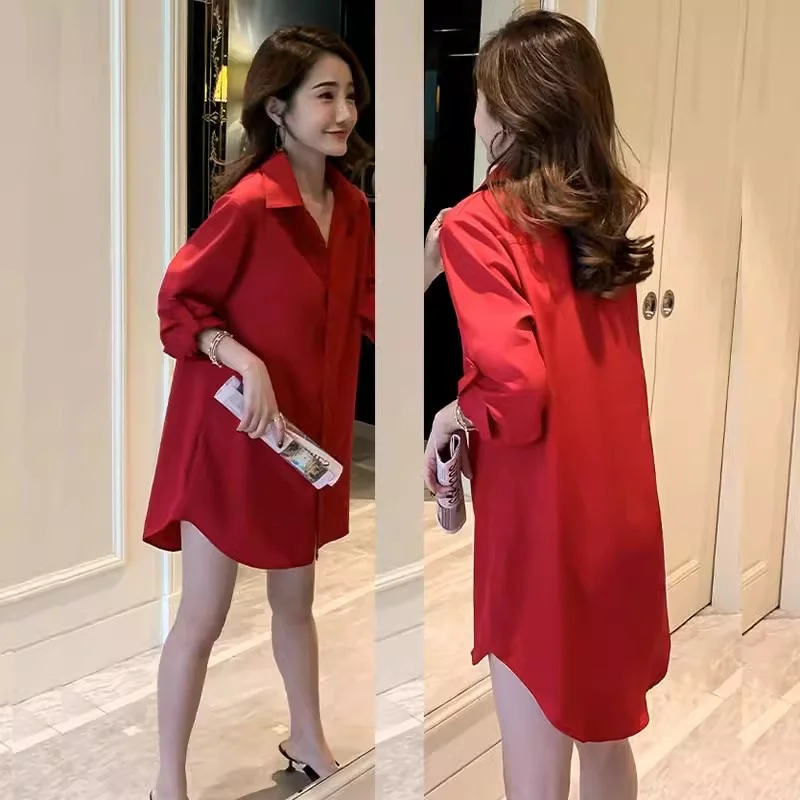 Shirt Women's Medium Length Clothing Long Sleeved Sexy Outerwear red Western-Style Bottom Shirt 2024 Winter Chiffon Lining Dress