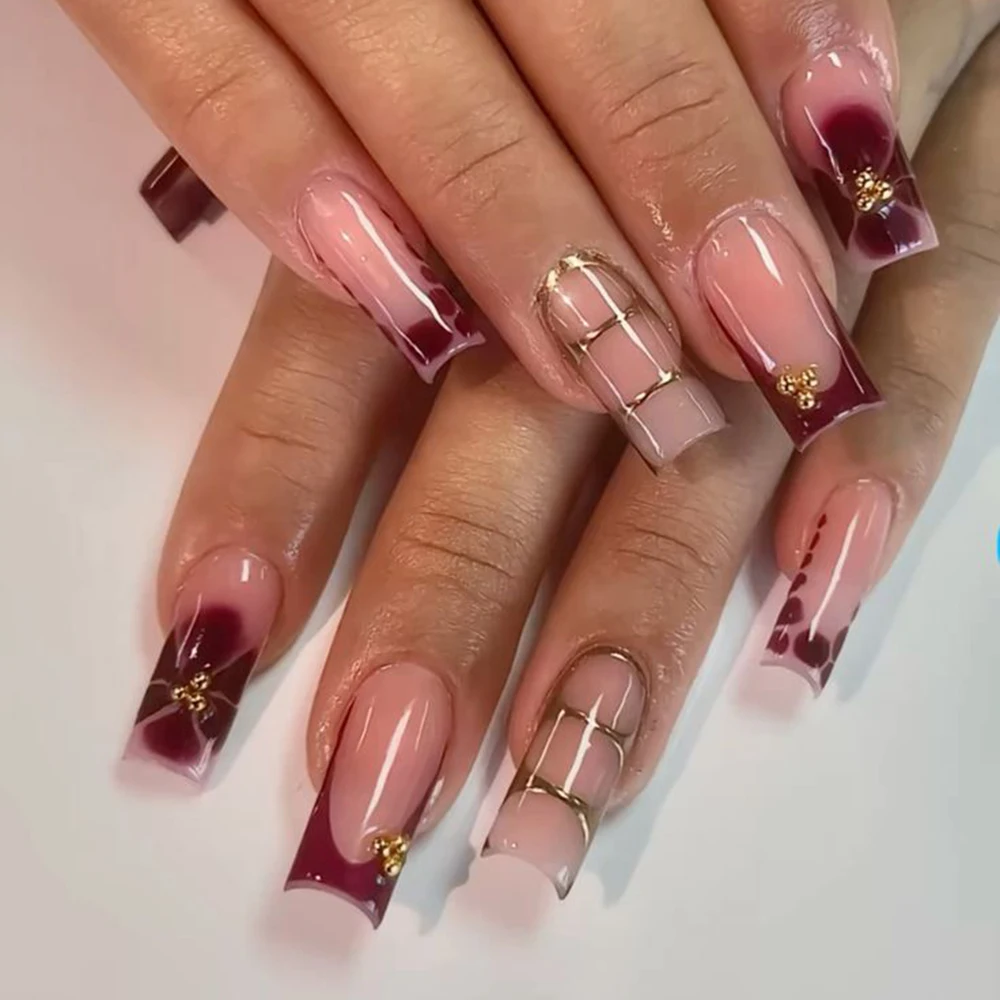 24 Stücke Retro Blume Lange Sarg Französisch Künstliche Nägel Kaviar Perle Floral Gold Hohl Design Drücken Sie Auf Nagelspitzen Y2k Acryl Falsche Nagel