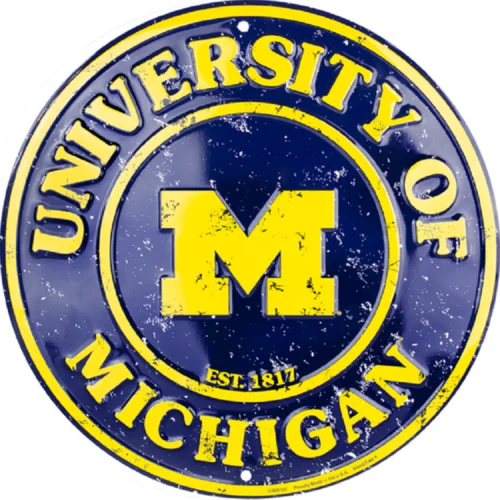 UNIVERSITY OF WOLVERINES EMBOSSED METAL NOVELTY ROUND SIGN