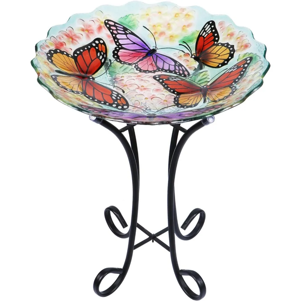 Banho de pássaros de vidro com suporte de metal para decoração de jardim, alimentador externo com design de borboleta