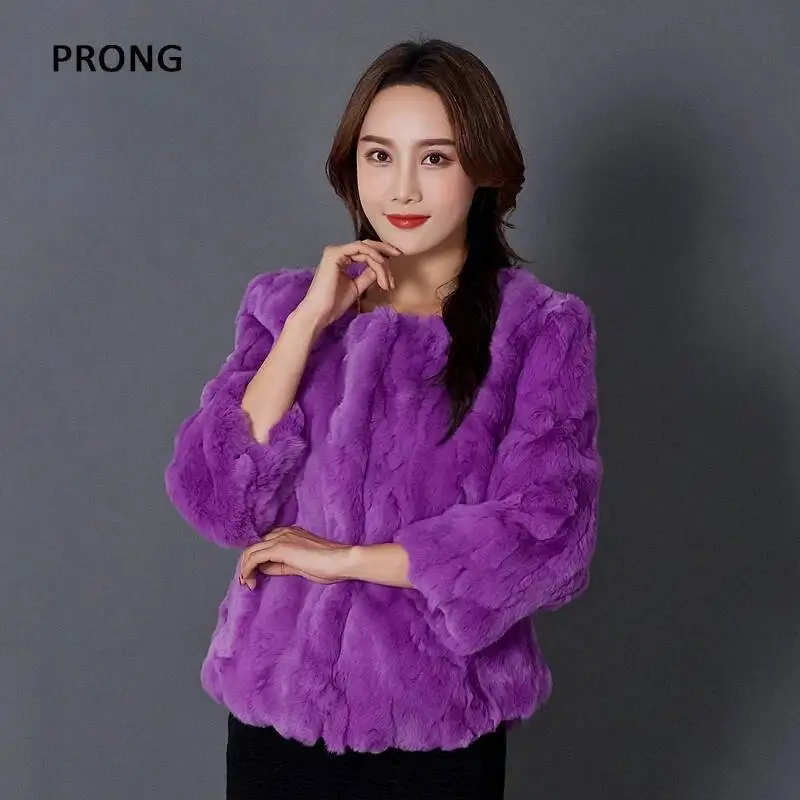 Женское зимнее пальто из натурального меха кролика Рекс, Женская однотонная куртка с круглым вырезом и крючками