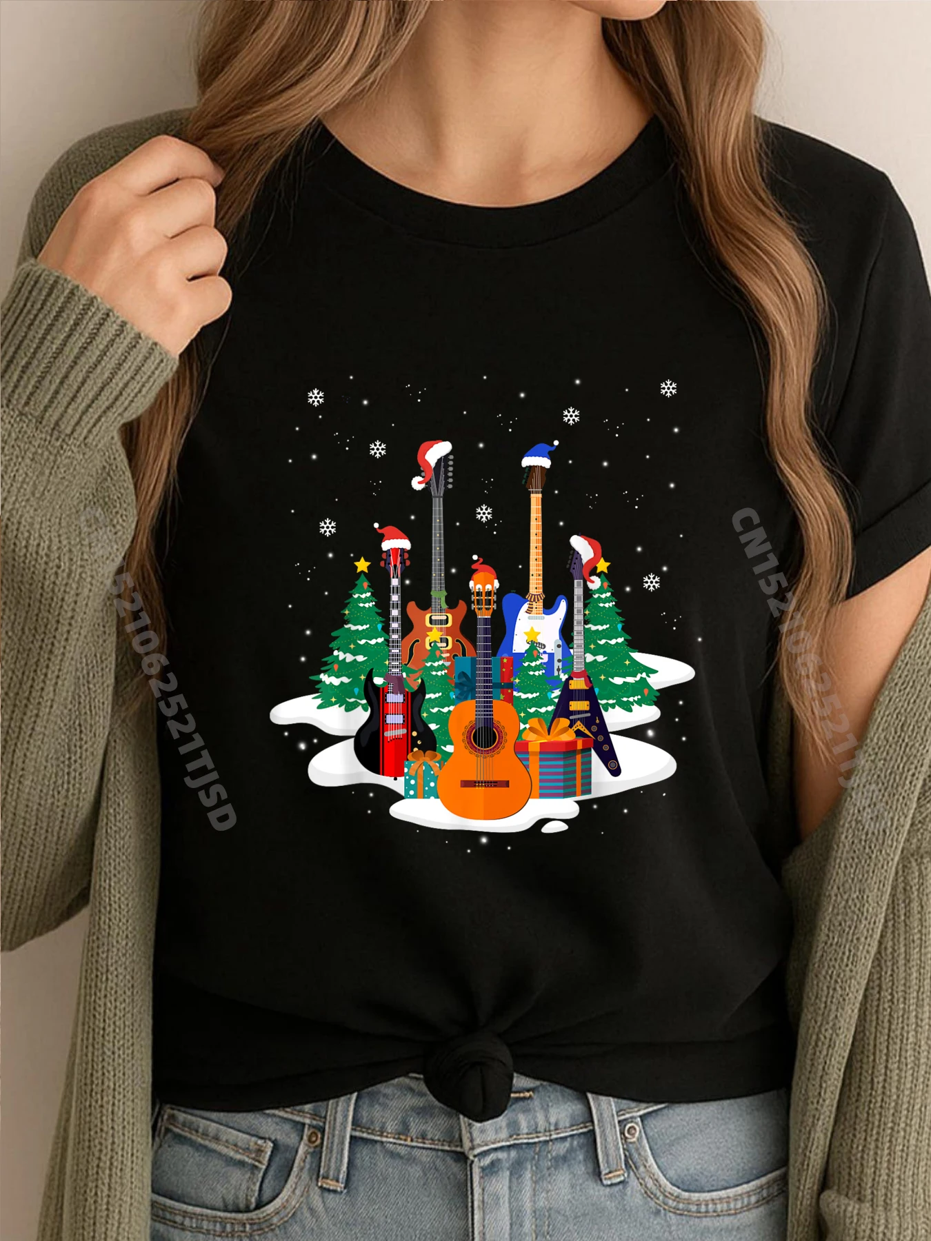 

Гитарная шляпа Санта-Клауса Рождественская елка Забавная музыка любит рождественские рубашки Футболка с рисунком Дышащая дешевая