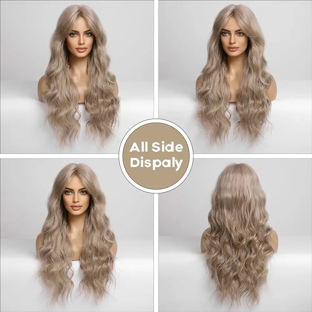 EASIHAIR Asche Blonde Lange Wasser Welle Synthetische Perücken mit Bang Licht Brown Tiefe Welle Haar Perücke für Frauen Täglichen Party hitze