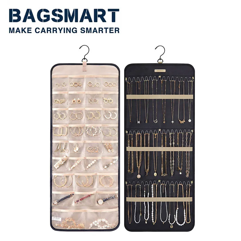 BAGSMART Hanging Jewelry Organizer Storage Roll with Hanger Metal Hooks Double-Sided Jewelry Holder for Earrings Necklaces Rings