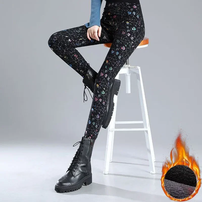 Leggings gruesos con estampado forrado de terciopelo para mujer, pantalones hasta el tobillo, cálidos, de felpa, cintura alta, invierno, LJ288