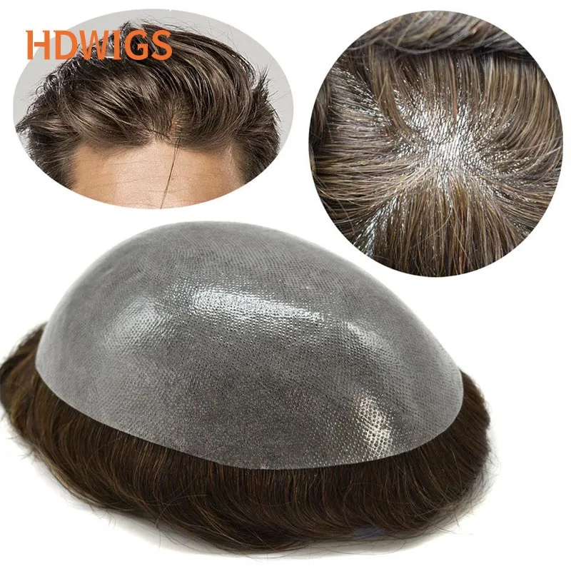 Men's Capillary Prothesis With Knots Indian Remy Human Hair Wigs Full PU 0.1cm Male Toupee Capillary Knotless Hair System Units