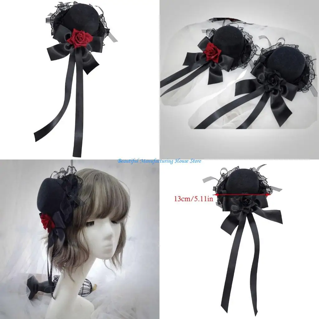e56a-パンクローズフラワーちょう結び帽子ヘアバレッタヘアアクセサリーハロウィンイベント用