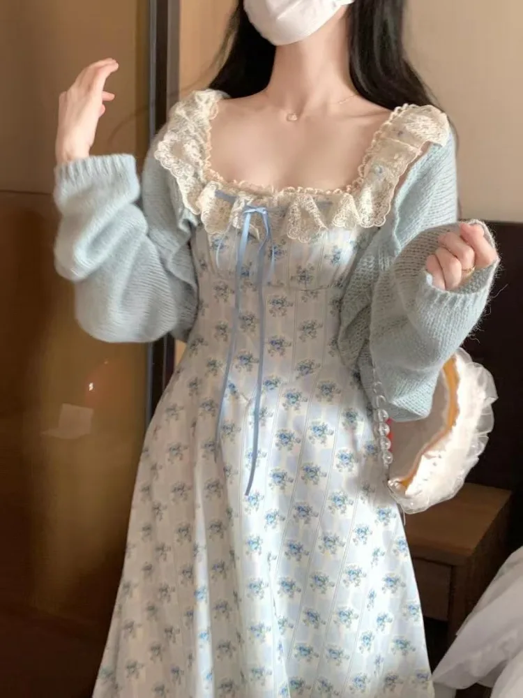 Gentle Lace Square COLLAR ดอกไม้ชุดยาวผู้หญิงฤดูร้อนแขนกุดเอวสูง SLIM FIT A-Line Ruffle PARTY Dresses ใหม่