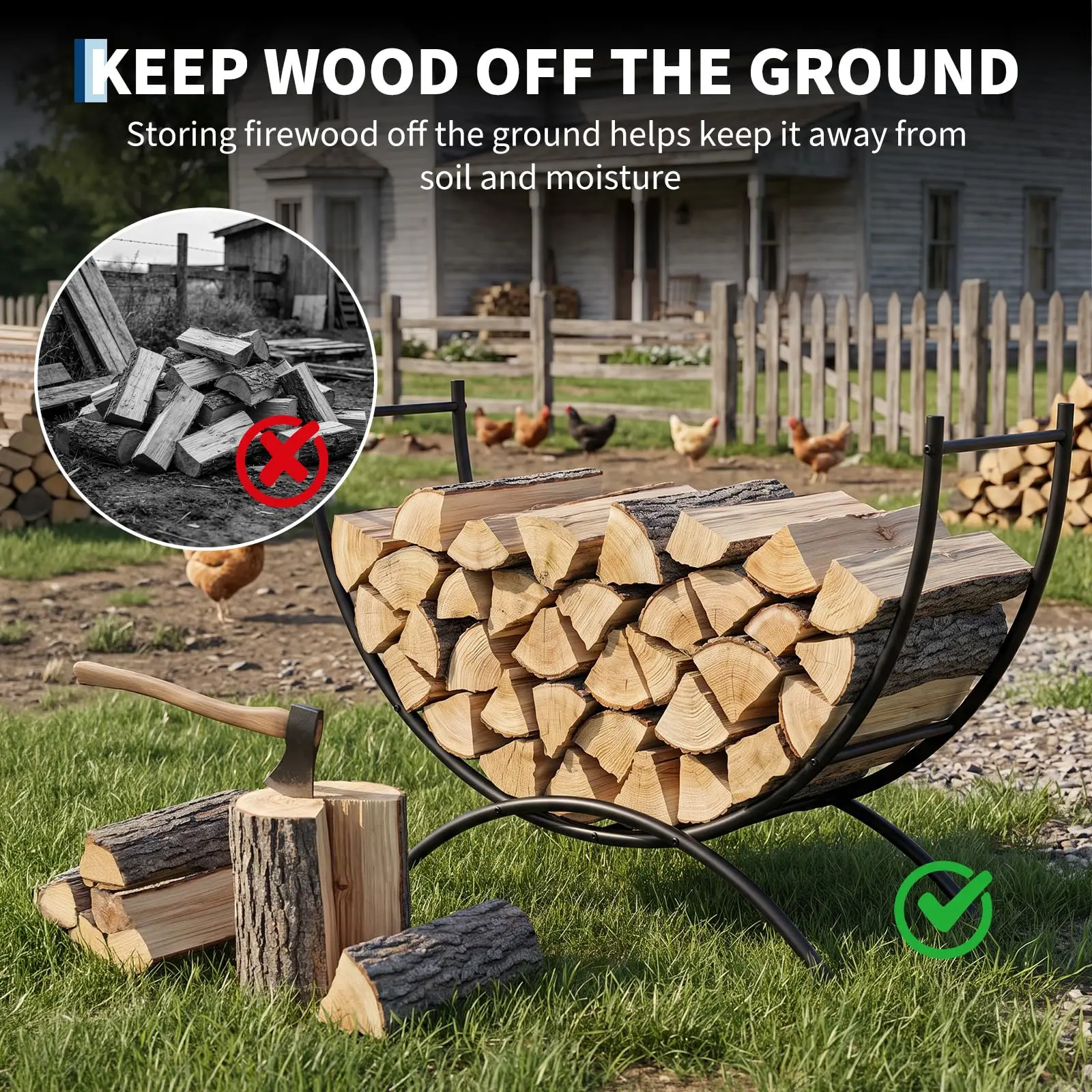 31.5Inch Curved Firewood Rack Powder-Coated Steel Log Holder for Indoor Outdoor Fireplace, Fire Pit, Patio – Rust-Resistant, Keeps Wood Dry – Black