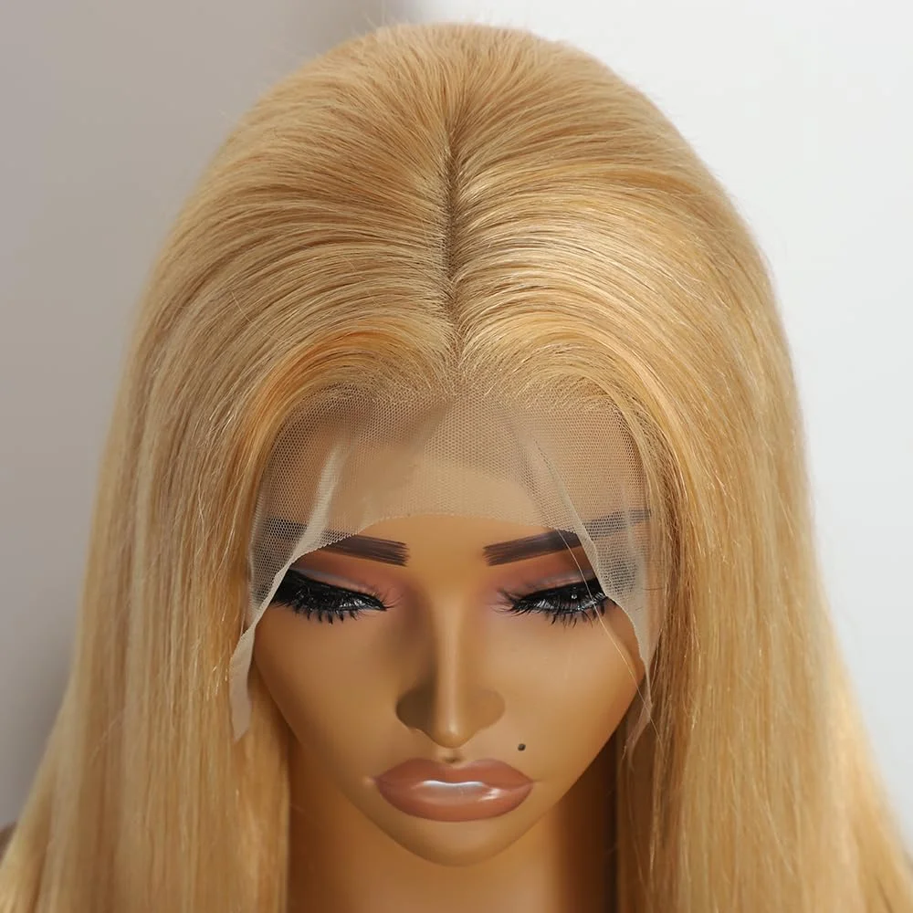 شعر مستعار بشري مفرود أشقر عسلي 13x6 شعر مستعار بدانتيل أمامي 13x4 دانتيل أمامي شفاف # 27 خط شعر من الدانتيل مسبقًا