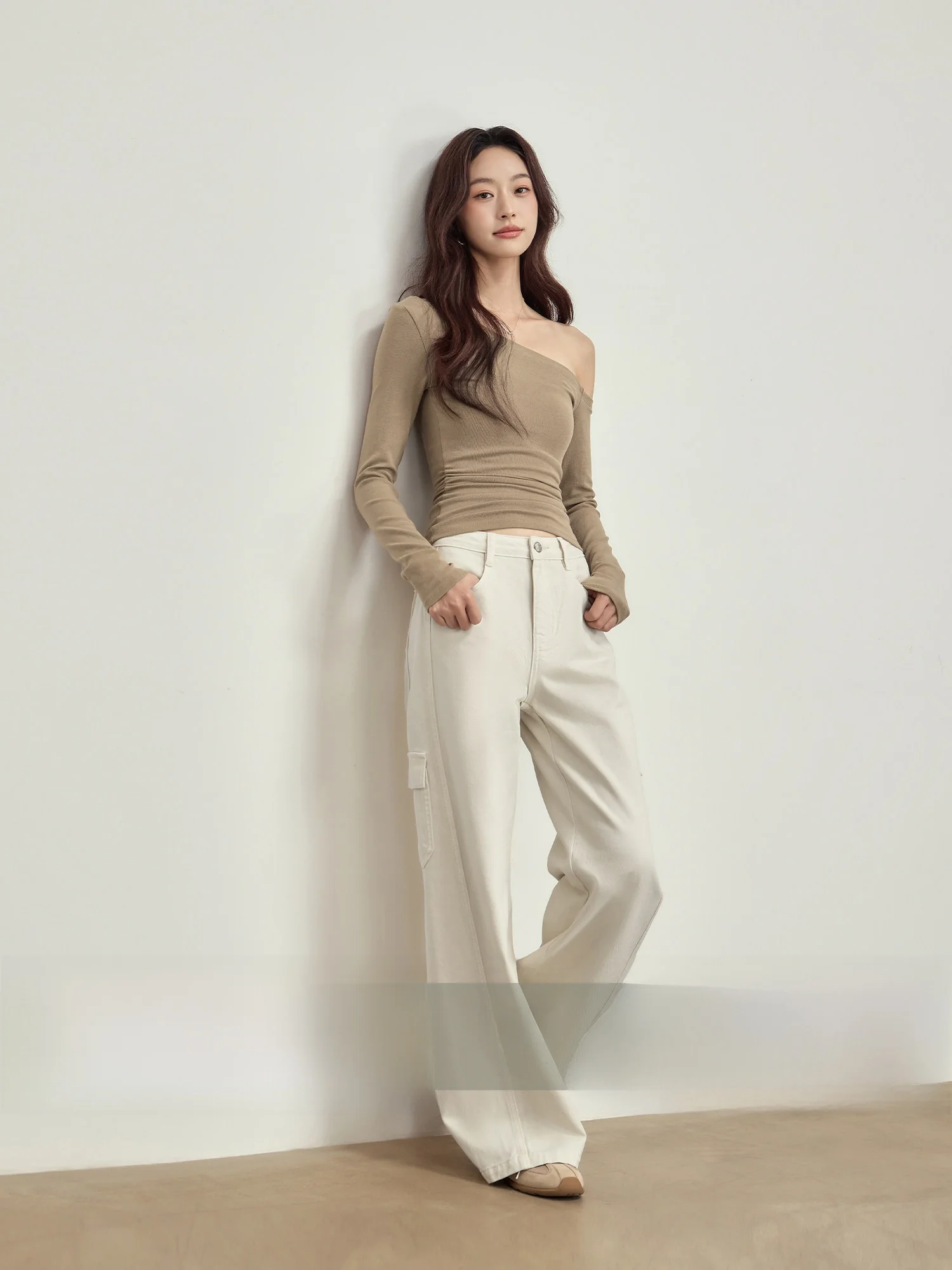 

High Waist Wide Leg Cotton Work Pants Women's Beige Design Spring Season Casual Wear Durable Cotton Denim Trousers