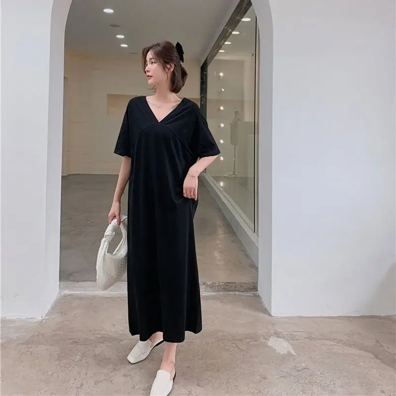 

Summer New Backless Loose Simplicity T Shirt Dress V Neck Round Neck Plus Size Ladies Dresses Casual Fashion Women Clothing