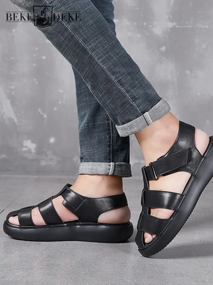 Daily Leisure Style Cowhide Platform Breathable Gladiator Shoes Solid Color Genuine Leather Close Toe Hook Loop Male Sandals