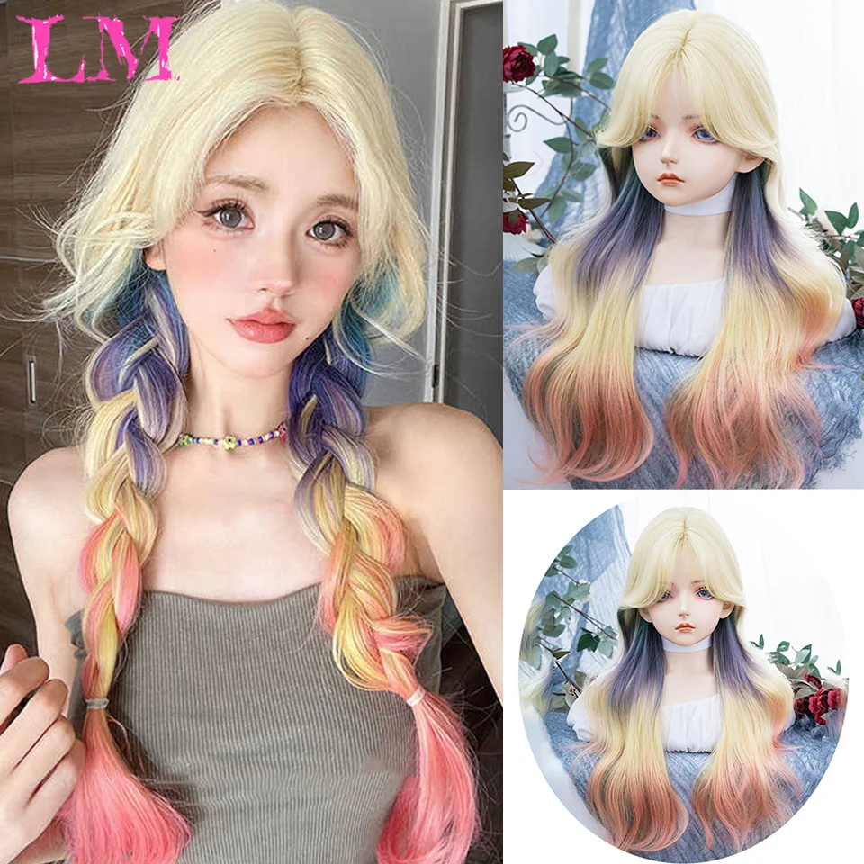 

LM белый и синий синтетический вьющийся парик из шерсти Лолиты, женский милый длинный вьющийся парик, используемый для косплея, вечерние, парик принцессы