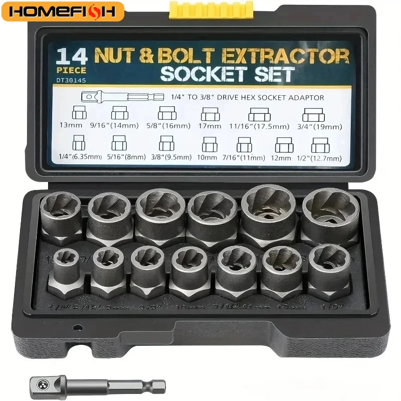 

14 Pieces Impact Bolt & Nut Remover Set Cr-Mo Steel Bolt Extractor Tool Set with Solid Storage Case for Industrial Drop Shipping